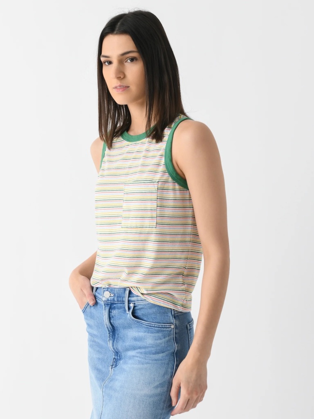MOTHER The Strong and Silent Type Pocket Tank | Green Multi Stripe | Size Small